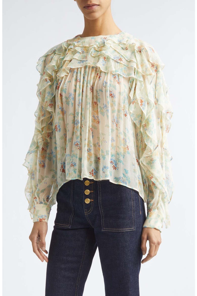 Willow Floral Ruffle Trim Silk Top, Main, color, MOON PETAL