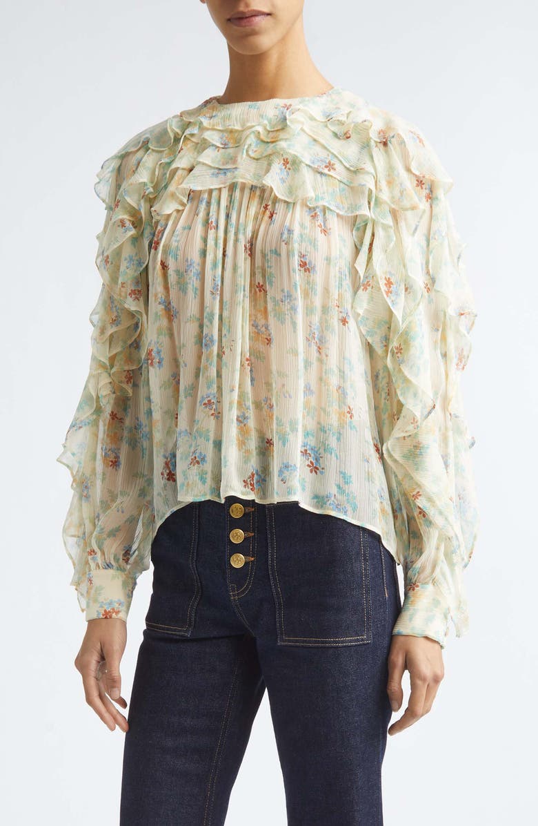 Ulla Johnson Willow Floral Ruffle Trim Silk Top, Main, color, Moon Petal