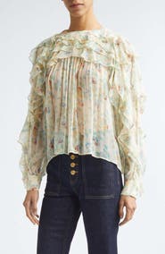 Ulla Johnson Willow Floral Ruffle Trim Silk Top