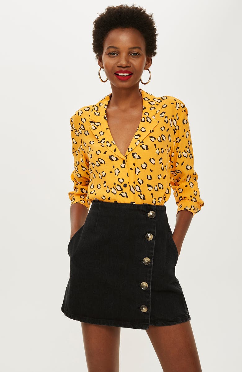 Topshop Horn Button Denim Miniskirt, Alternate, color,