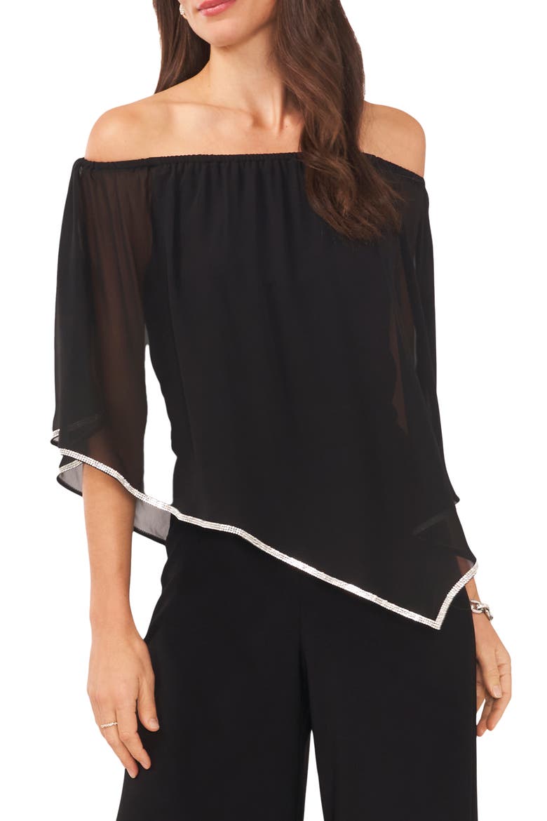 Rhinestone Trim Sheer Poncho, Main, color, BLACK