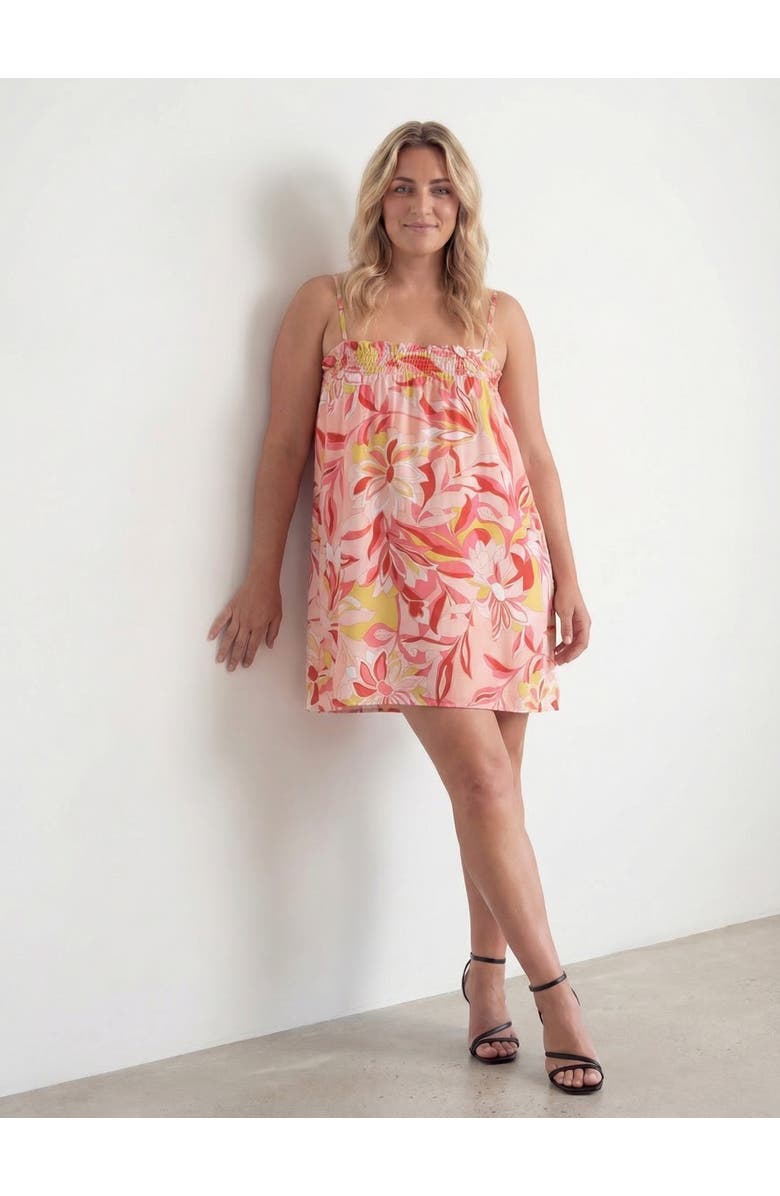 24seven Comfort Apparel Curvy Essential Floral Print Spaghetti Strap Smocked A-Line Pocket Mini Dress, Alternate, color, Pink Multi