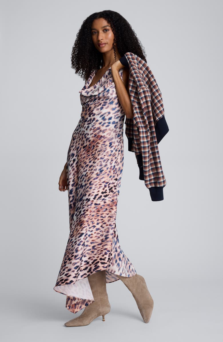 Kenneth Cole Abstract Animal Print Cowl Neck Asymmetric Dress, Alternate, color, Russet Multi