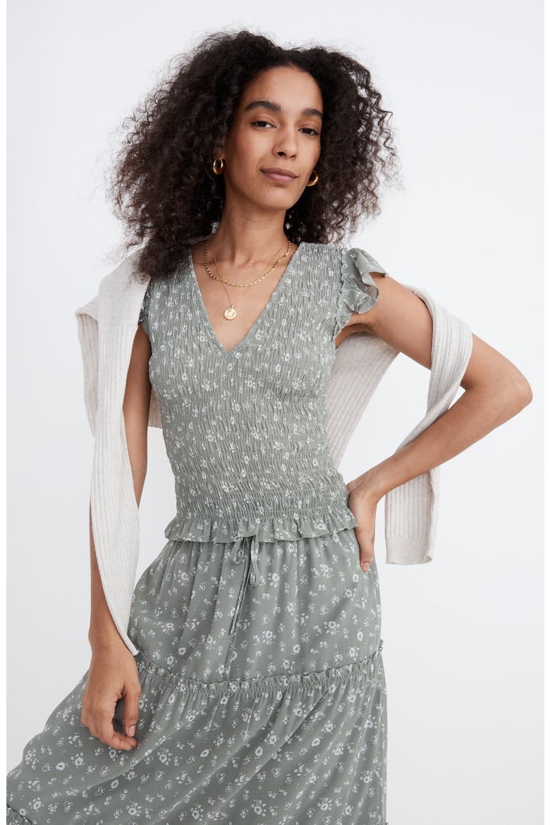 Lucie Floral V-Neck Smocked Top, Alternate, color, FROSTED WILLOW