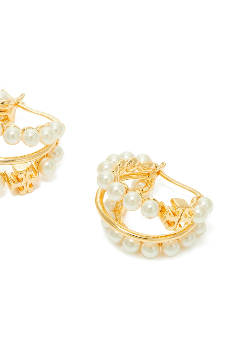Tory Burch Kira Faux Pearl Triple Row Hoop Earrings, Alternate, color, 