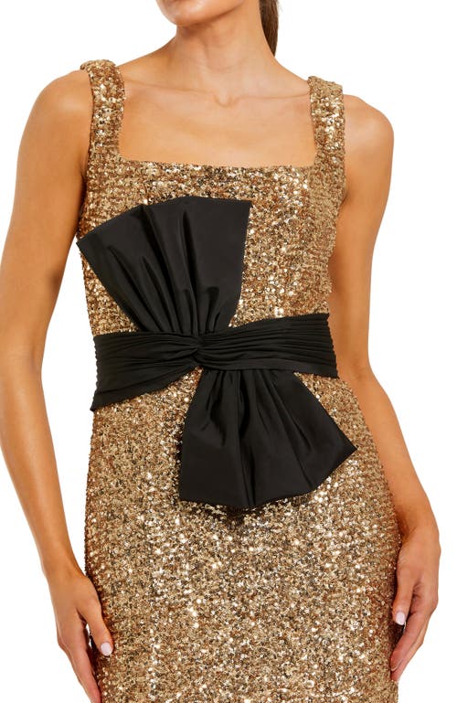 Mac Duggal Sequin Scoop Neck Column Gown With Faille Bow In Gold
