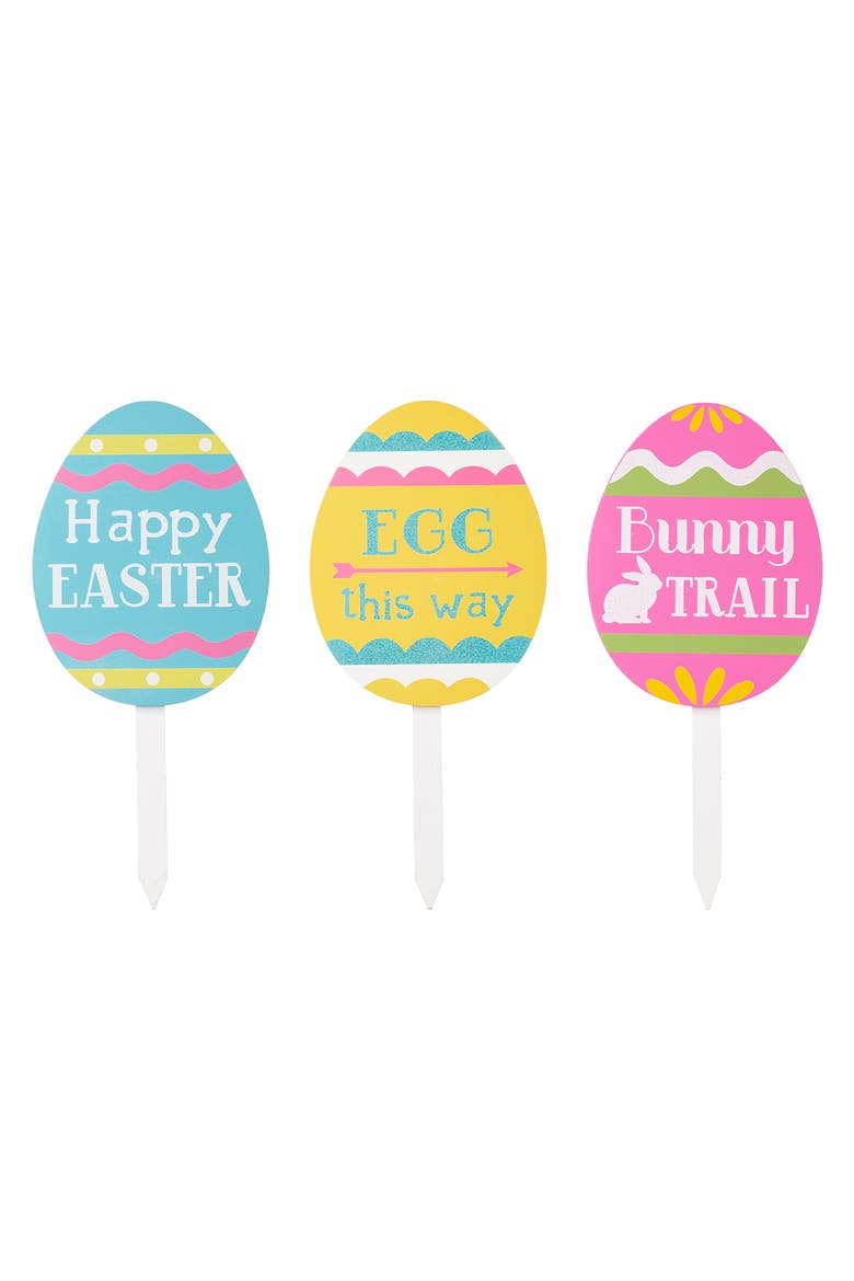 Set of 3 Wooden Easter Egg Chick Picks Yard Stakes, Main, color, Blue