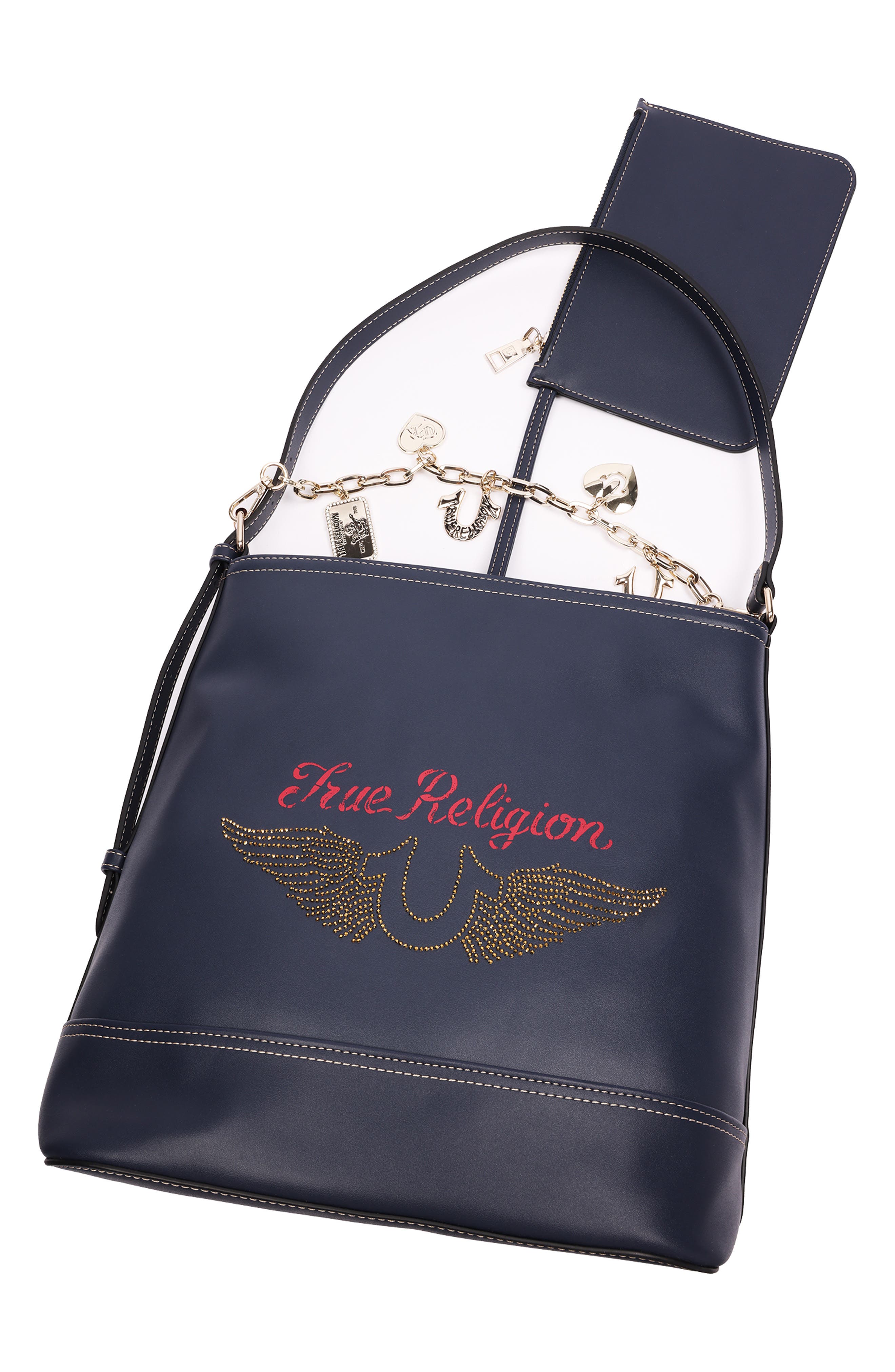 Chain Moto Faux Leather Bucket Bag & Pouch Set, Alternate, color, NAVY