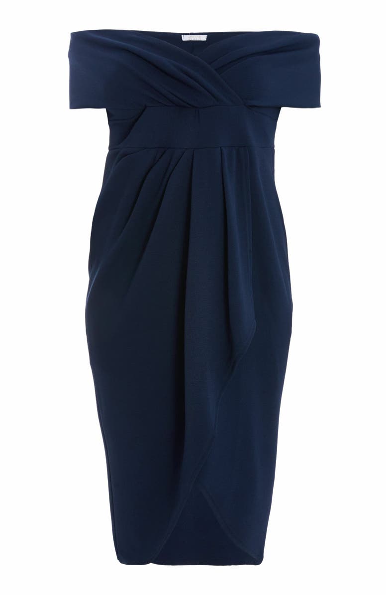 QUIZ Plus Size Bardot Pleated Detail Midi Dress, Alternate, color, 