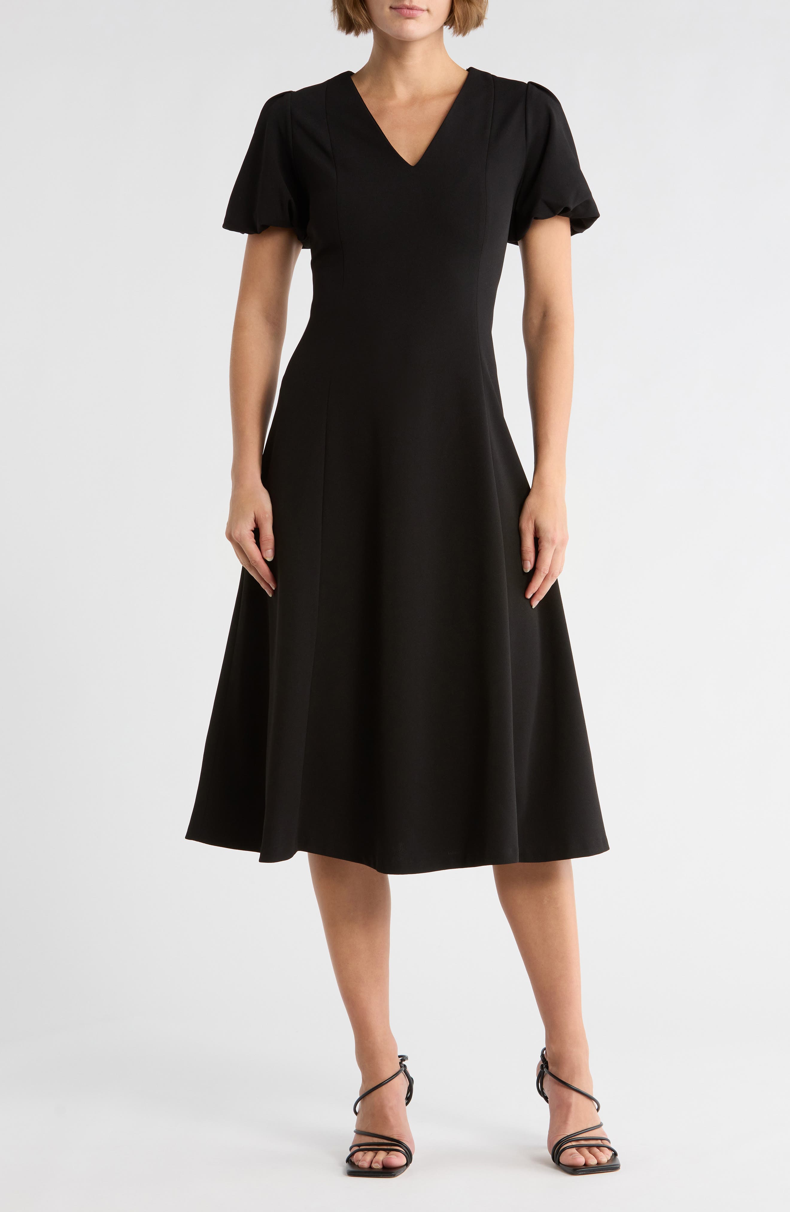 DKNY Puff Sleeve Fit & Flare Midi Dress