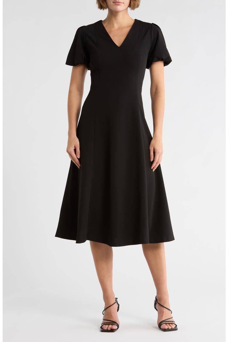 Puff Sleeve Fit & Flare Midi Dress, Main, color, BLACK