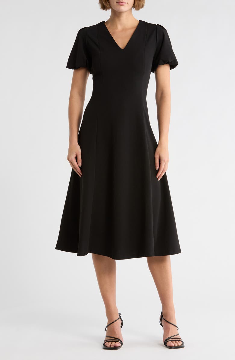 DKNY Puff Sleeve Fit & Flare Midi Dress, Main, color, Black