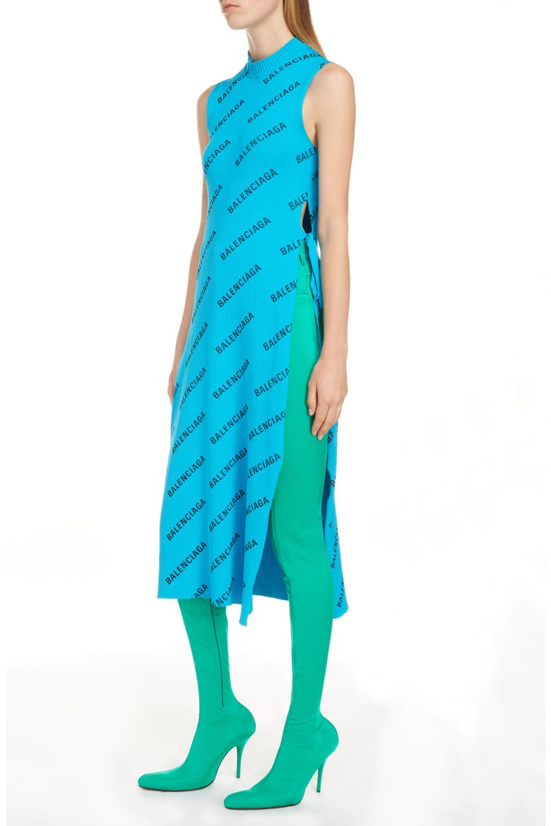 Logo Print Rib Knit Wrap Dress, Alternate, color, TURQUOISE/ BLACK