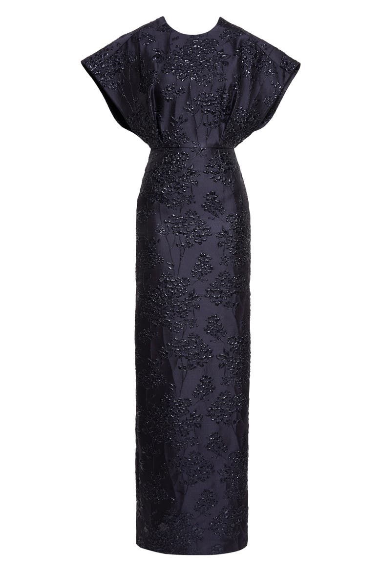 Fan Bodice Floral Metallic Jacquard Column Gown, Alternate, color, MIDNIGHT