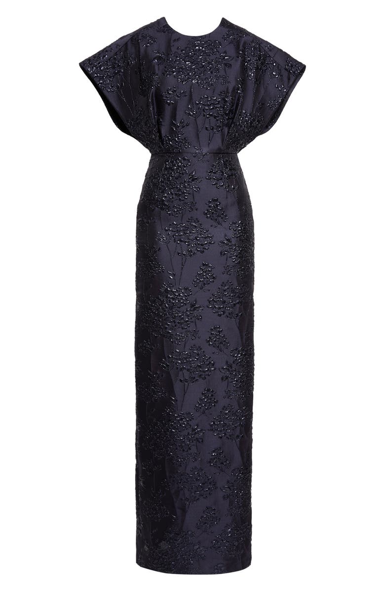 Carolina Herrera Fan Bodice Floral Metallic Jacquard Column Gown, Alternate, color, Midnight