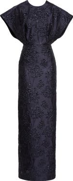 Carolina Herrera Fan Bodice Floral Metallic Jacquard Column Gown