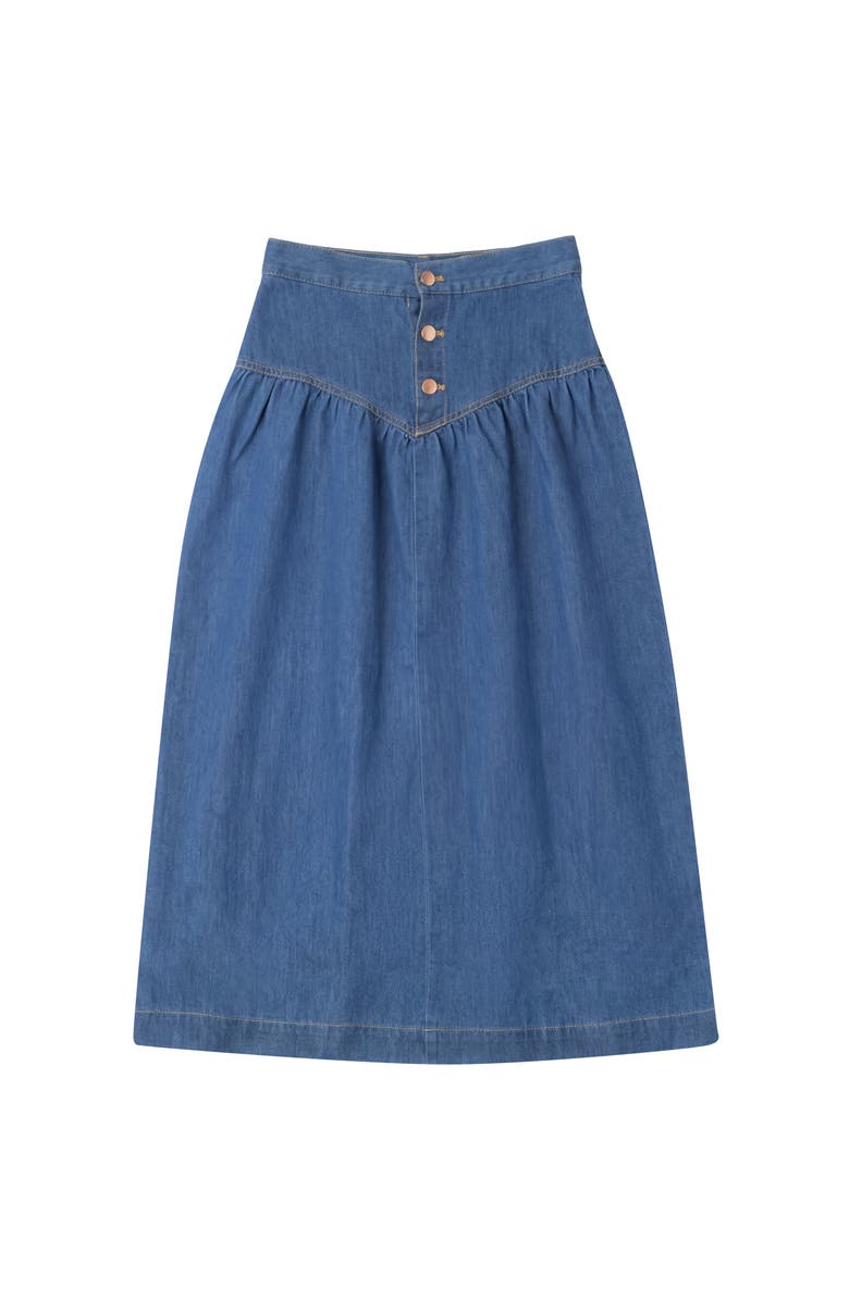 FYI V Yoke Button Front Denim Skirt, Main, color, Dark Denim Wash