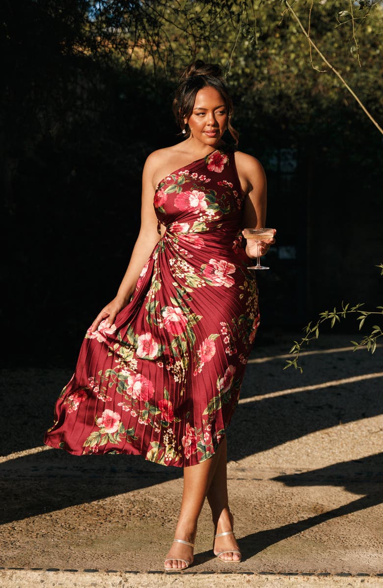 Petal & Pup Kleo Floral Pleated One-Shoulder Satin Cocktail Dress, Alternate, color, Burgundy Floral
