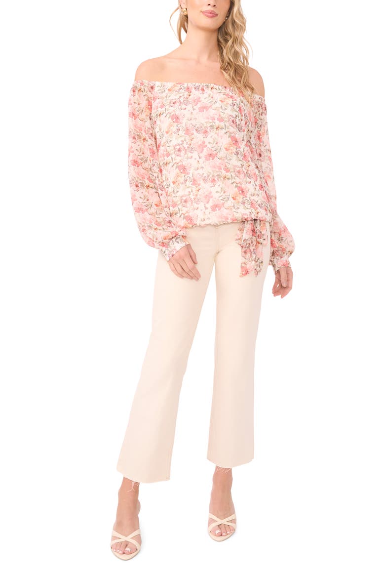 Floral Off the Shoulder Tie Hem Top, Alternate, color, NEW IVORY