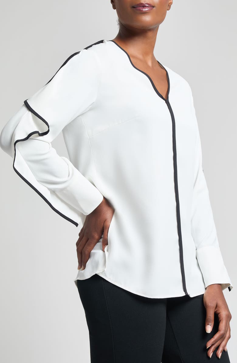 Ming Wang Contrast Trim Crêpe de Chine Top, Alternate, color, White/ Black
