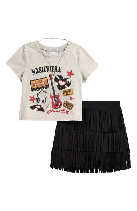 Kids' Graphic T-Shirt & Fringe Skirt Set