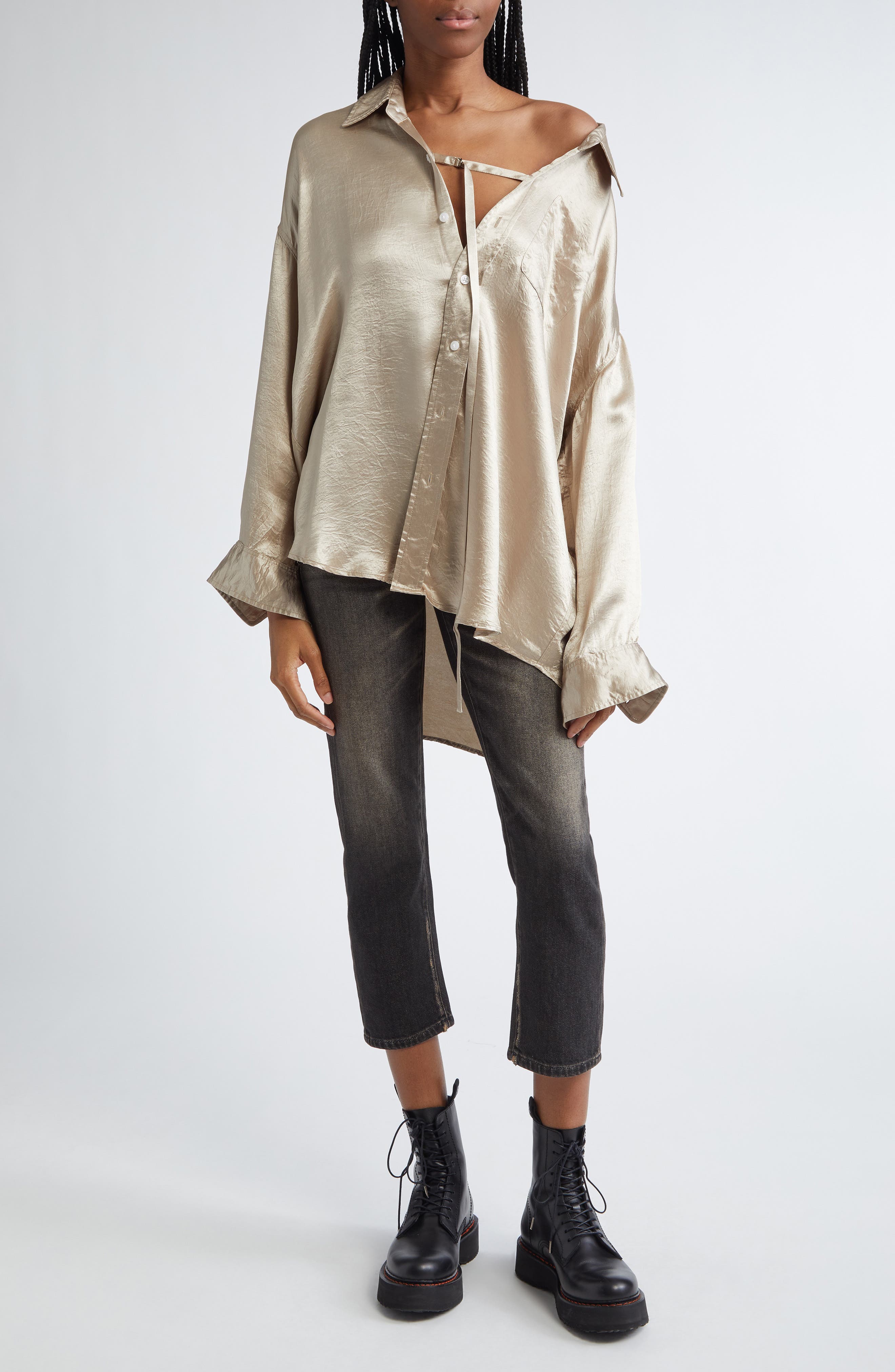 gold satin button up