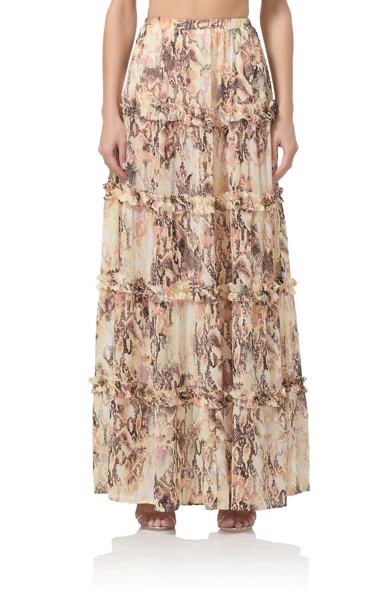 AFRM Sabina Snakeskin Print Tiered Maxi Skirt, Main, color, Shine Snake