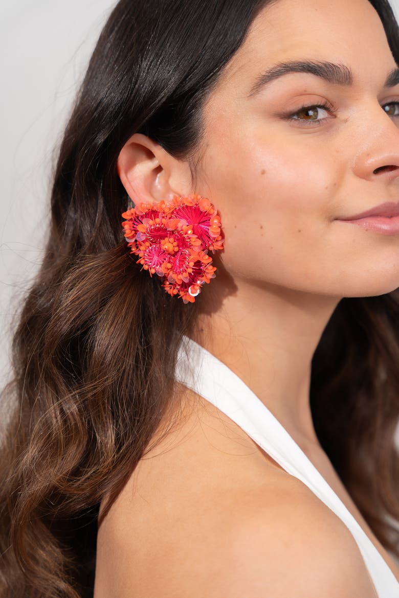 Silk Flower Statement Earrings in Fuchsia/Orange, Alternate, color, Fuchsia, Orange