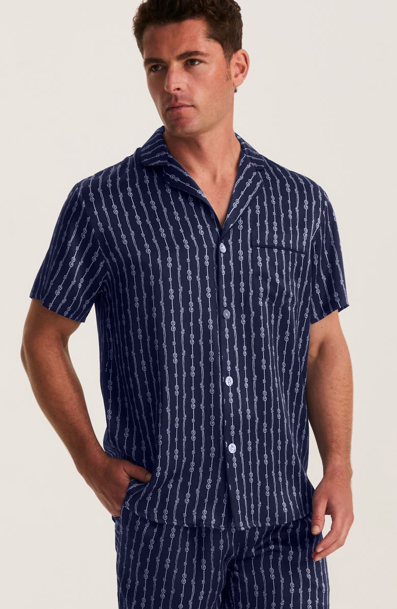 Petite Plume Nautical Stripe Mulberry Silk Short Pajamas, Alternate, color, Navy