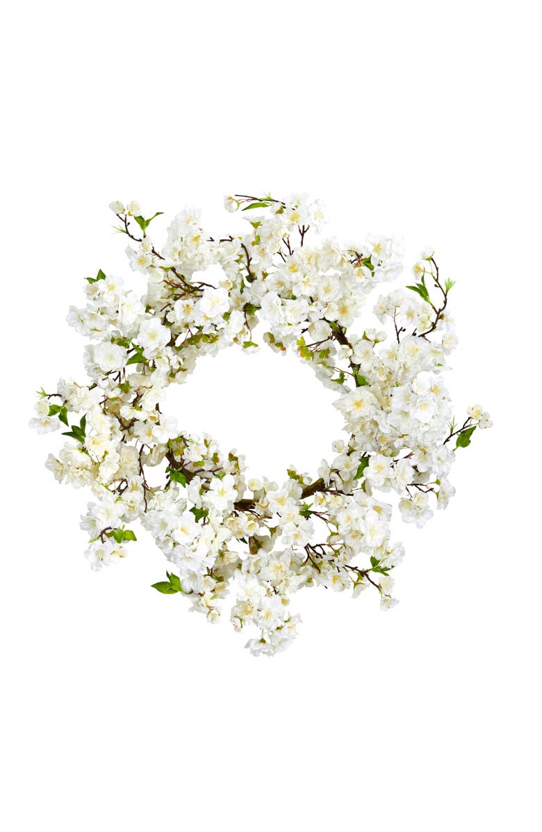NEARLY NATURAL 24-in Cherry Blossom Wreath, Main, color, White
