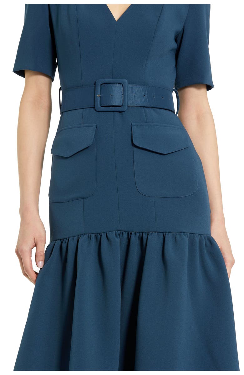 Mac Duggal Crepe 3/4 Sleeve Belted and Pocketed Midi Dress, Alternate, color, Deep Blue