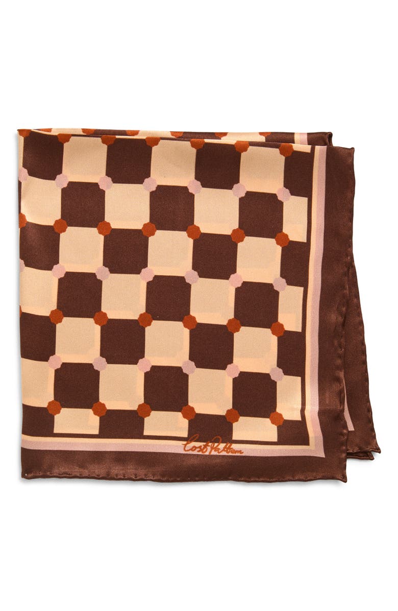Lost Pattern Checkerboard Silk Pocket Square, Main, color, Coffee
