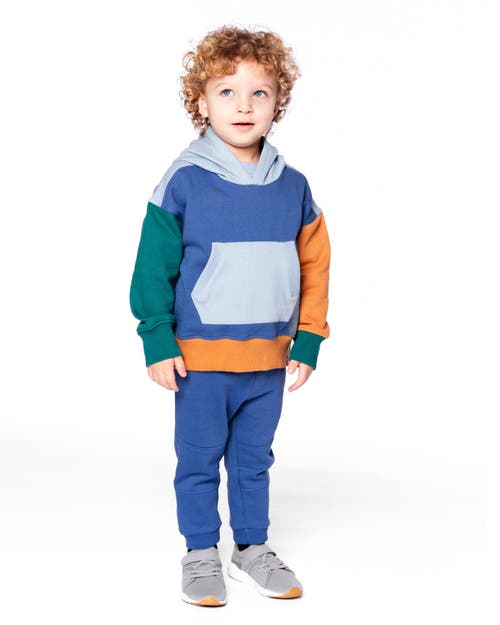 Deux Par Deux Long Sleeve Colorblocked Hooded Fleece Sweatshirt In Blue