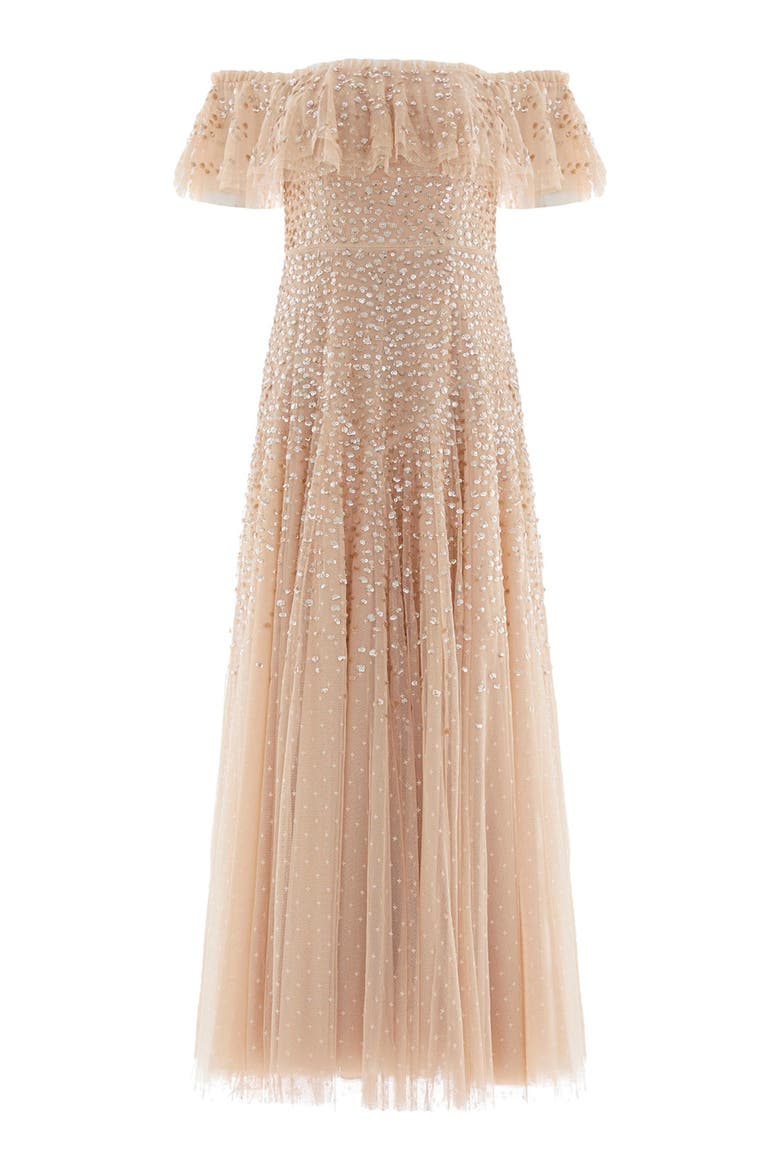 Dappled Sequin Off-Shoulder Ankle Gown, Alternate, color, Butterscotch