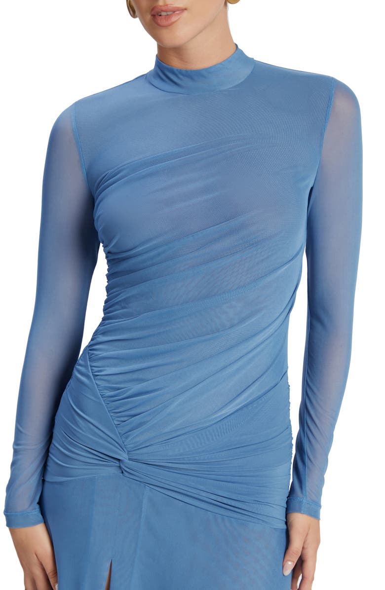 Bardot Lyana Ruched Long Sleeve Mesh Dress, Alternate, color, Dusty Blue
