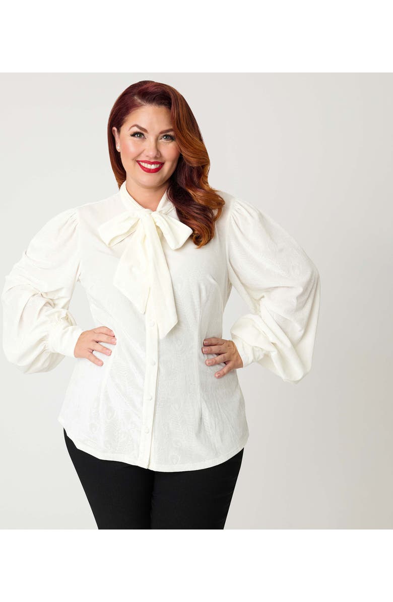 Unique Vintage Plus Size Long Sleeve Neck Tie Gwen Blouse, Alternate, color, Ivory