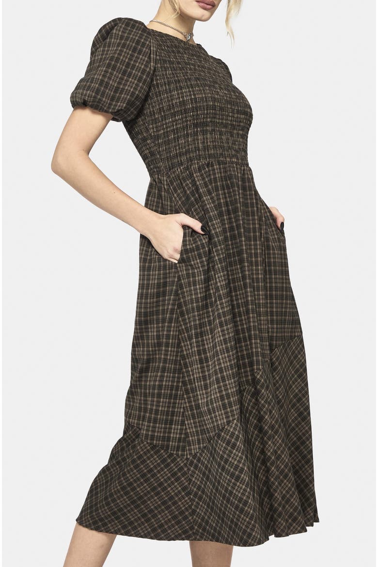 Rhiannon Check Shirred Bodice Midi Dress, Alternate, color, Brown
