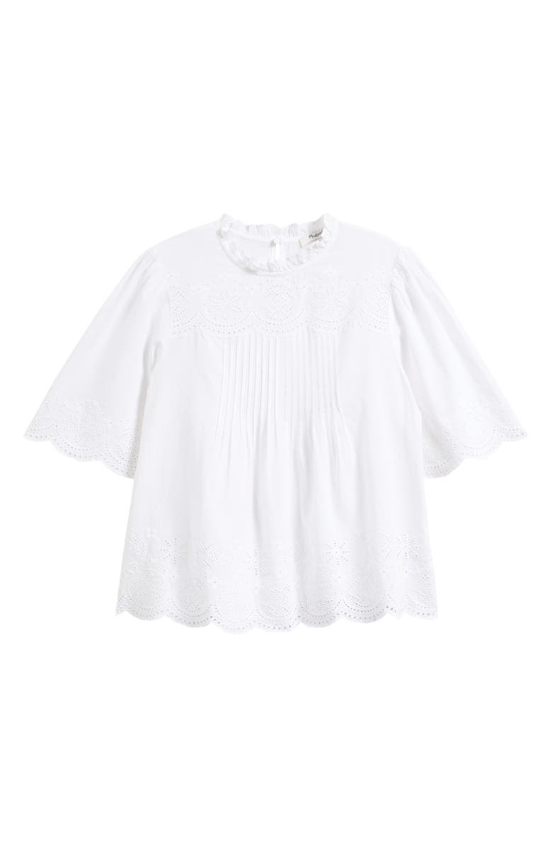 Madewell Embroidered Pintuck High Neck Cotton Voile Top, Main, color, White