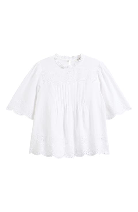 Embroidered Pintuck High Neck Cotton Voile Top