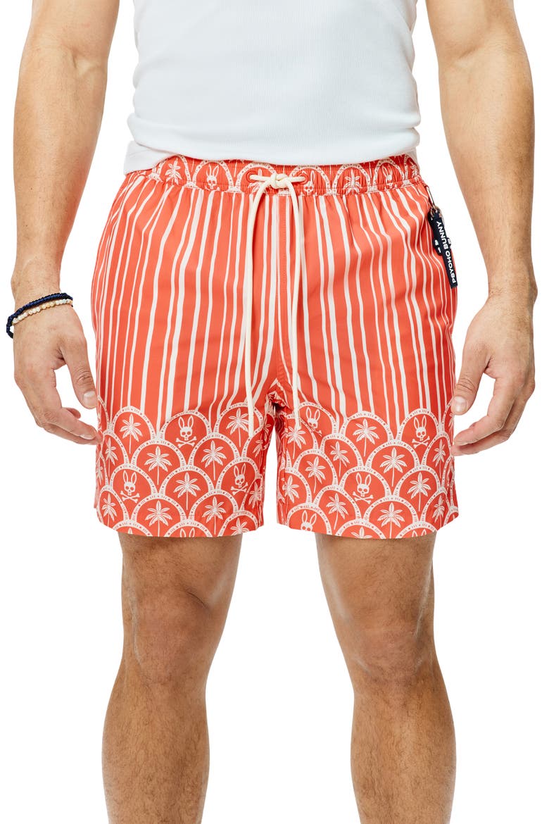 Brad Palm Tree & Bunny Print 6-Inch Swim Trunks, Main, color, EMBERGLOW
