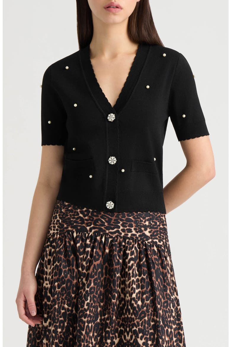 Faux Pearl Embellished Sweater Cardigan, Main, color, BLACK