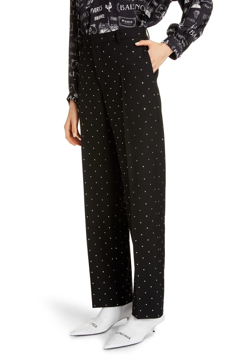Embellished Straight Leg Wool Pants, Alternate, color, BLACK