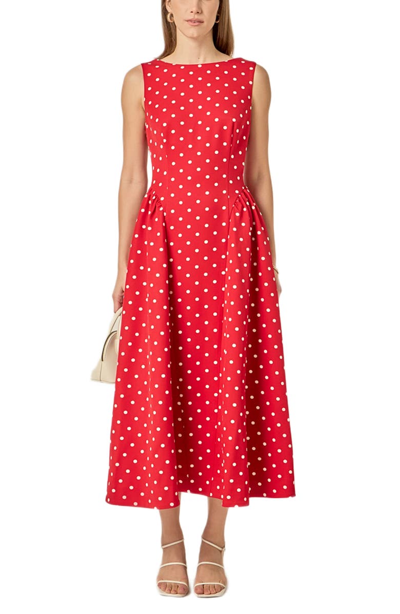 English Factory Dot Sleeveless Flare Midi Dress, Main, color, Red