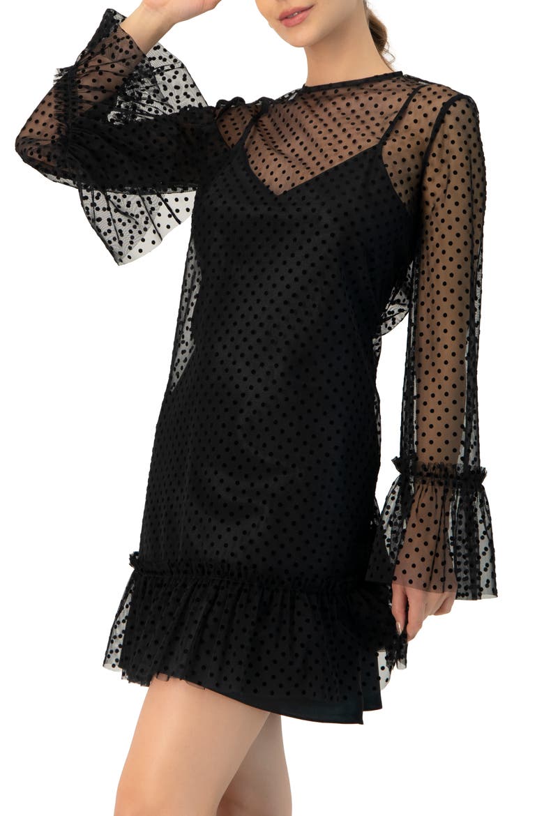 Flocked Polka Dot Short Dress with Wide Long Sleeves, Alternate, color, Black