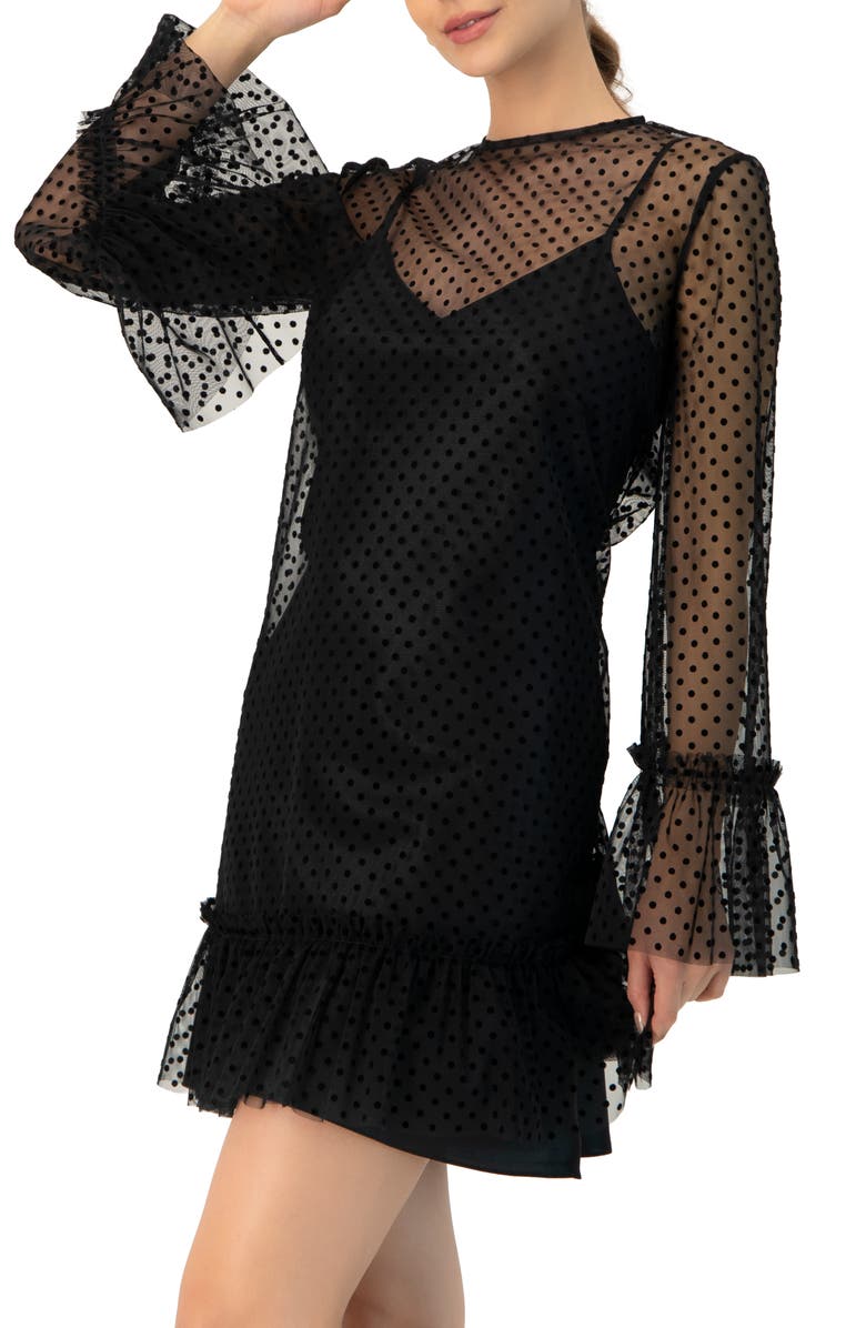IVONNE Flocked Polka Dot Short Dress with Wide Long Sleeves, Alternate, color, Black