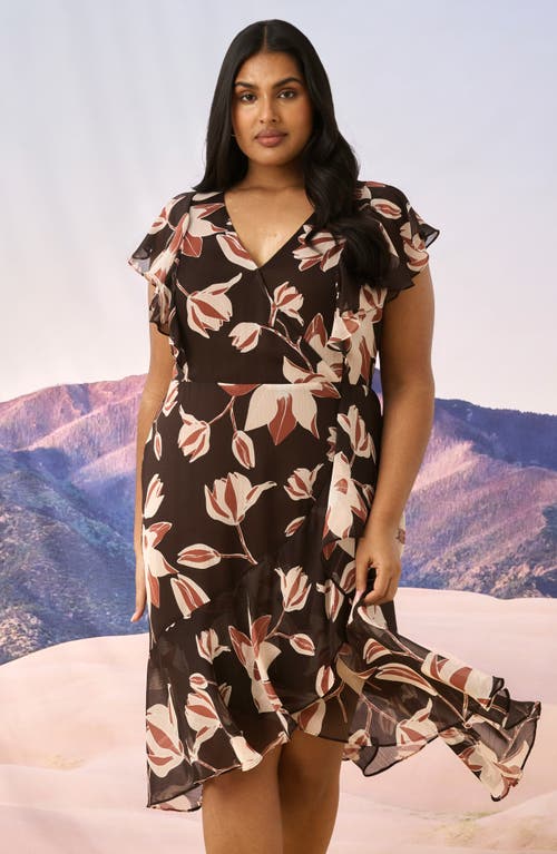 Estelle Azalea Petal Faux Wrap Dress In Brown Print