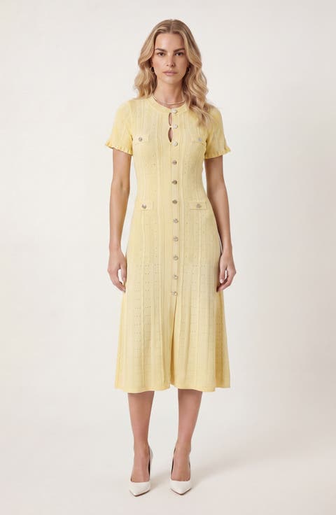 Button Front Knit Short Sleeve Midi Dress