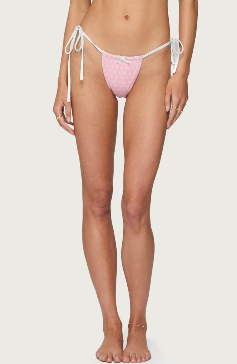 EDIKTED Leigh Polka Dot String Bikini Bottoms, Alternate, color, Pink-And-White