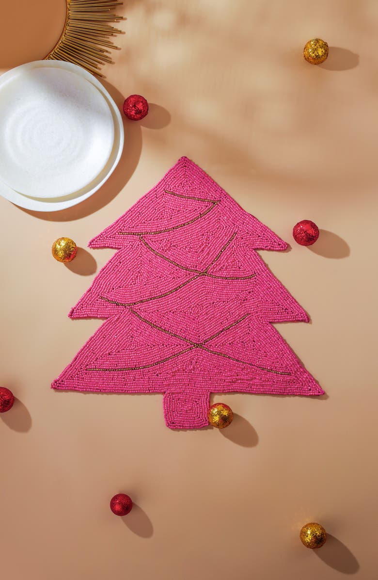 Tiramisu Pink Christmas Tree Beaded Placemat, Alternate, color, Pink