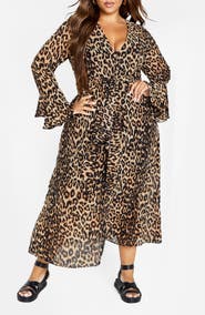 City Chic Carter Print Tie Waist Long Sleeve Maxi Dress